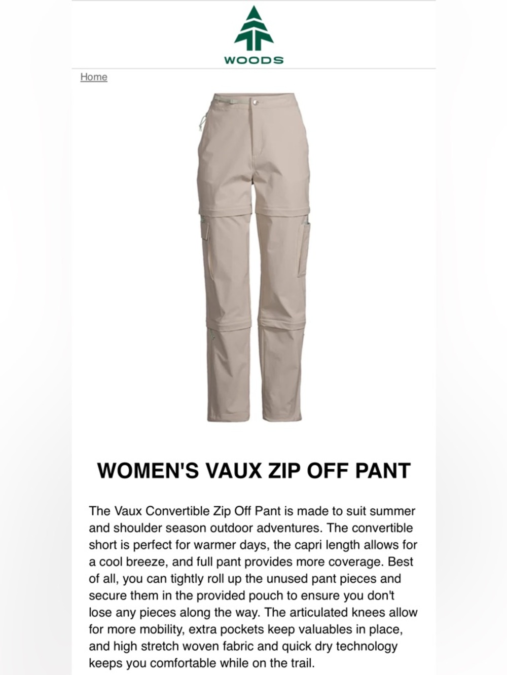 Women's Vaux Zip-Off Pants - Beige. Sz 2. NWT.
